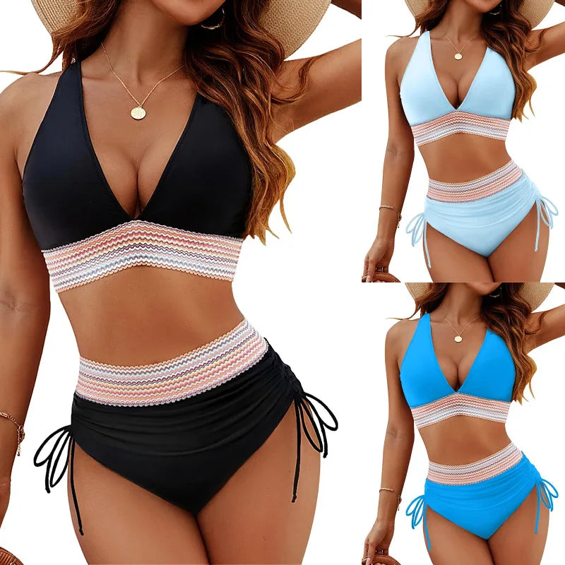 2025 Women'S Shoulder High Waist Split Bikini Swimsuit Set with Chest Cushion and Adjustable Shoulder Straps