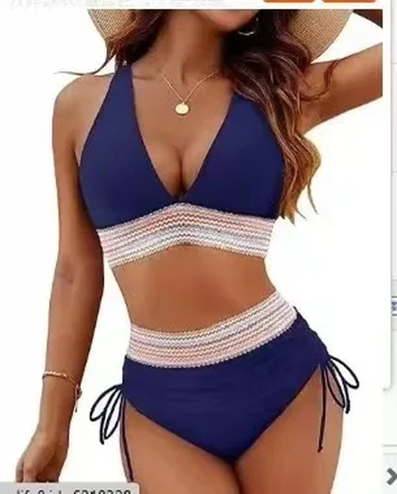 2025 Women'S Shoulder High Waist Split Bikini Swimsuit Set with Chest Cushion and Adjustable Shoulder Straps